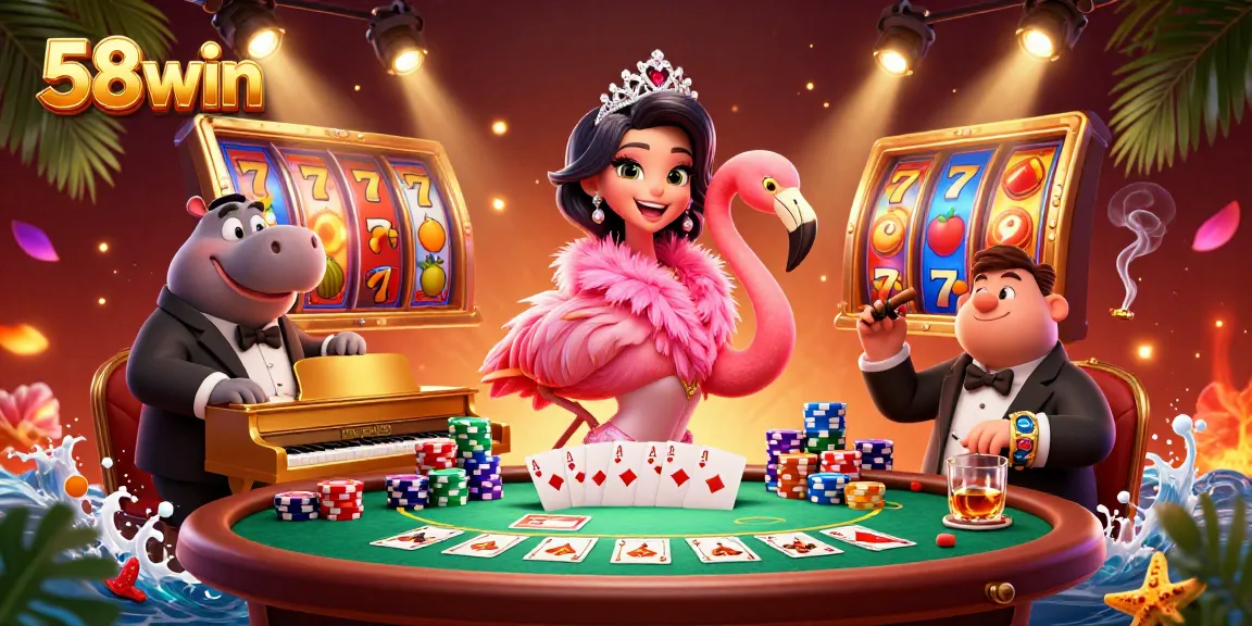 Play exciting games and win big at 58win, featuring lively casino characters amidst vibrant gambling elements.