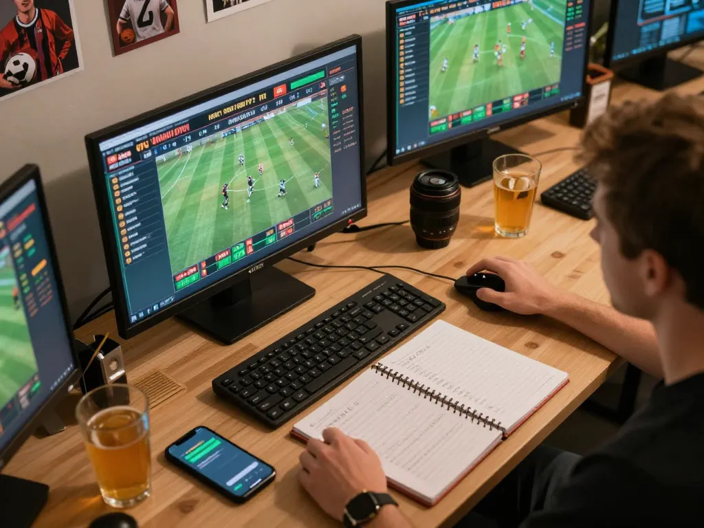 Engaging with live sports betting at jun88 com from a modern desk setup with multiple screens.