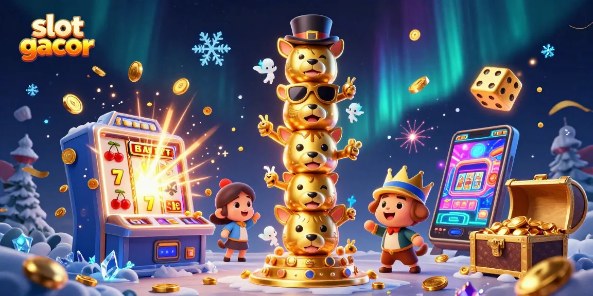 Experience the excitement of slot gacor with vibrant 3D illustration of dynamic casino elements and characters.