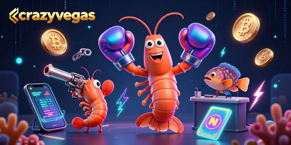 Engage with crazyvegas for a thrilling casino experience with vibrant shrimp characters and cryptocurrency elements.