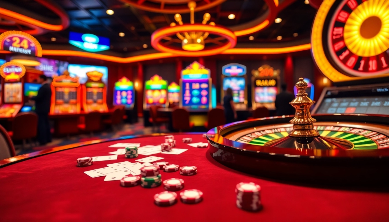 Gambling excitement at 99ok casino featuring live games, roulette wheel, and vibrant slot machines.