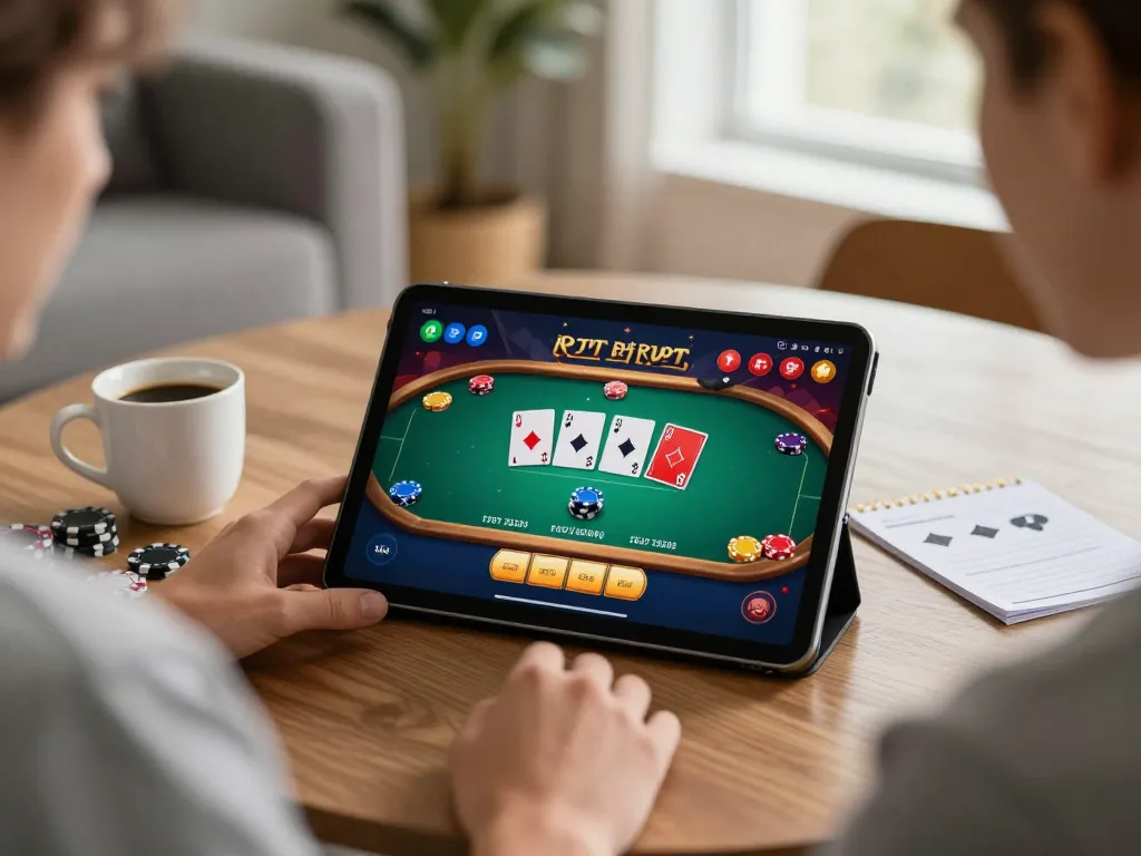 Engaging gaming session featuring 4444 WIN on a tablet, showcasing poker interface and strategy notes in a cozy setup.