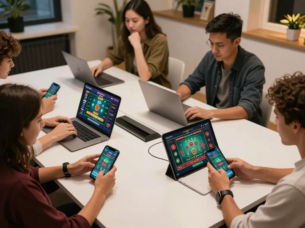 Engaged players using Sunwin for online casino games on mobile and tablets, showcasing active gaming moments.