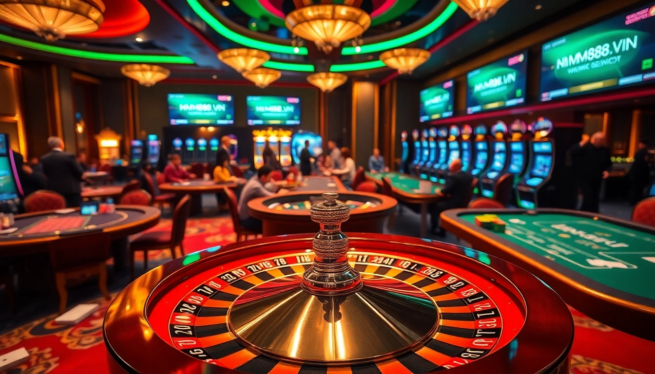Players enjoying a vibrant casino atmosphere while betting at https://mm88.vin/ with roulette wheels and poker tables.