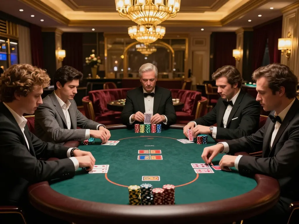 kk win players strategizing in a luxurious poker game, showcasing intense focus and high stakes