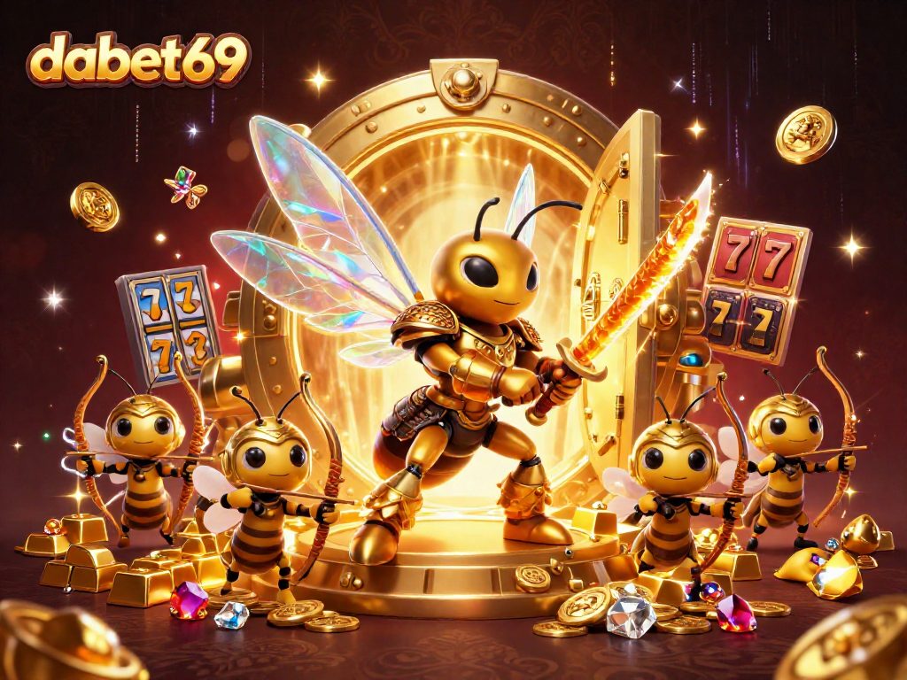 Engage with dabet69's gaming scene featuring a golden hornet and slot machine elements.