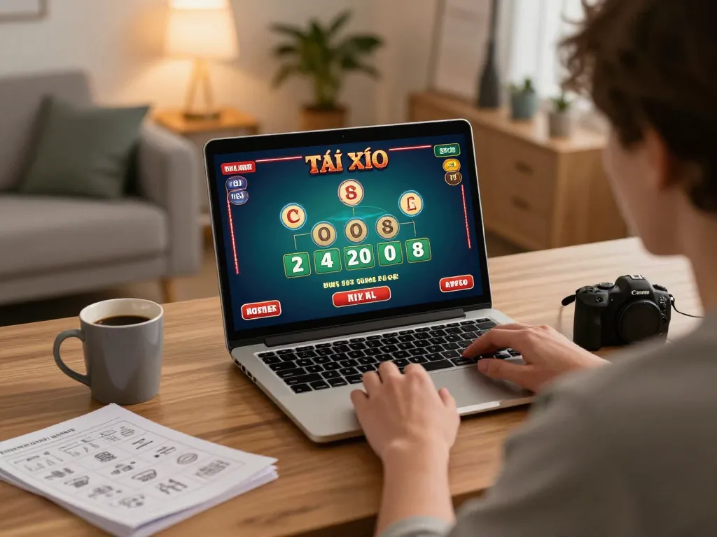 Player engaging in Tài Xỉu online gaming at home, focused on live dealer interface