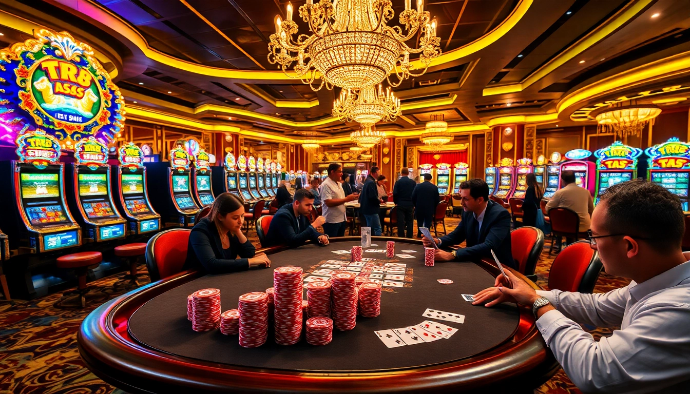 A thrilling poker scene at TR88 casino with colorful chips, focused players, and vibrant slot machines.