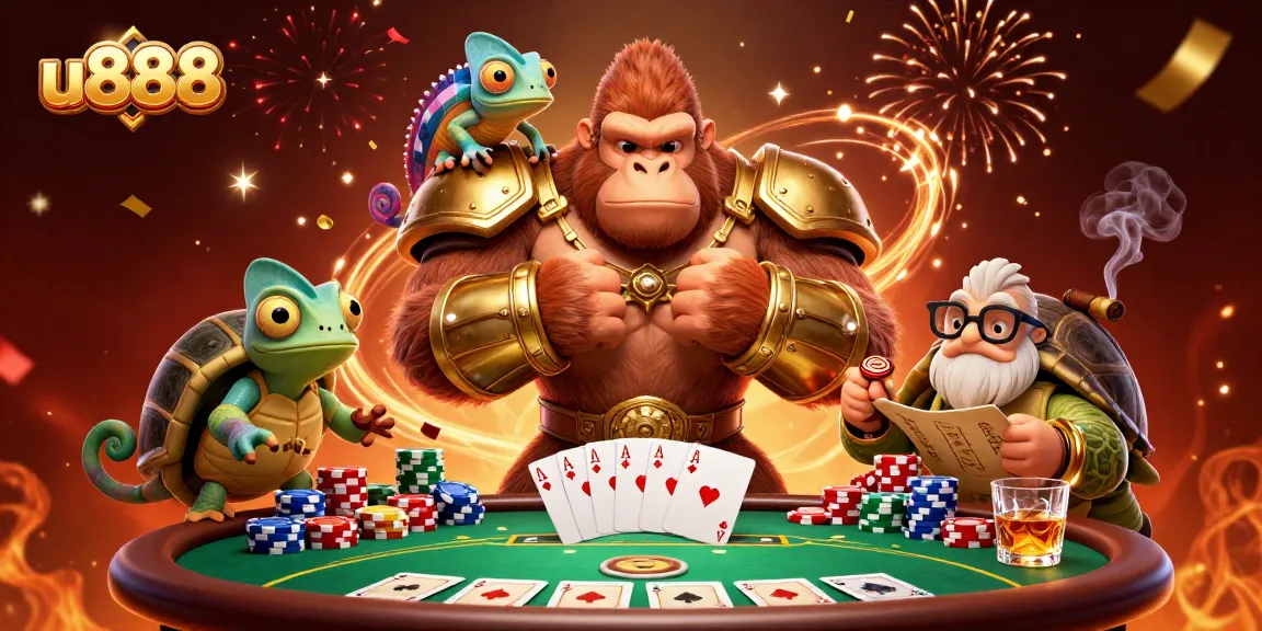 Experience thrilling gameplay at u888 with a vibrant scene of a gorilla king, chameleon spy, and tortoise elder.