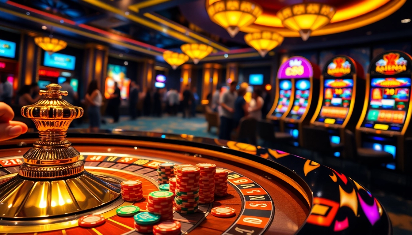 Players engaging in exciting games at ee88 casino with vibrant roulette and poker scenes.