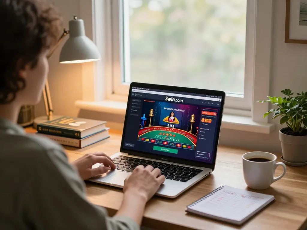 Person engaging with live dealer games on 3win.com at home, showcasing comfortable and strategic online gaming.