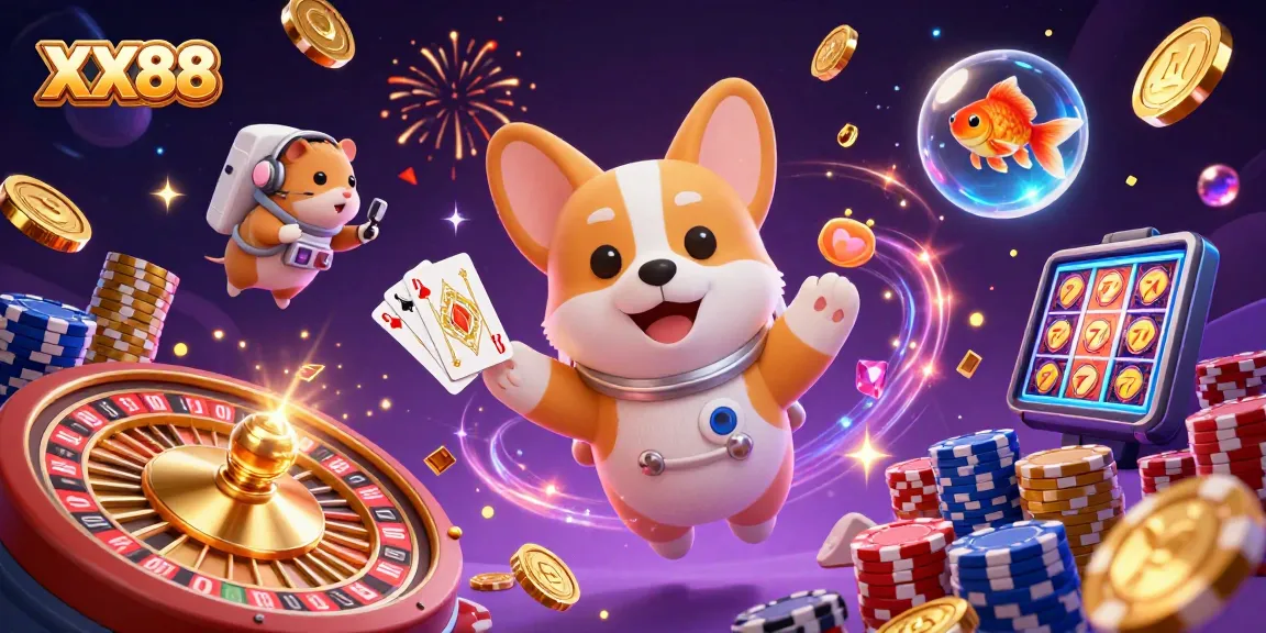 Experience exhilarating games at XX88 with floating coins and vibrant characters in a dynamic casino scene.