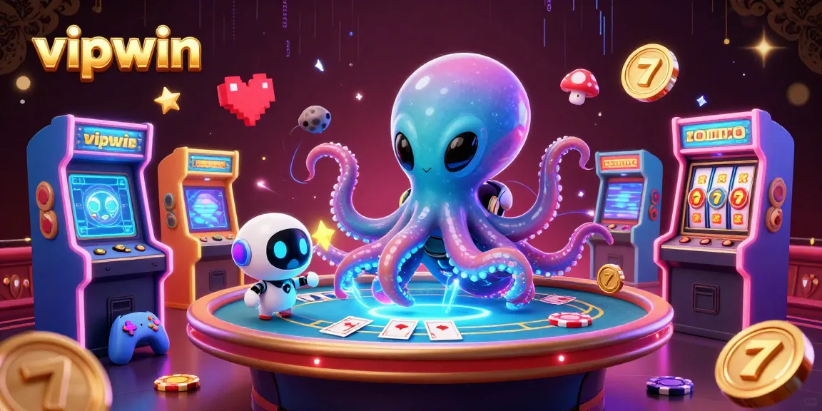 Experience exciting gameplay at vipwin with a vibrant 3D cartoon scene featuring an alien octopus and poker action.