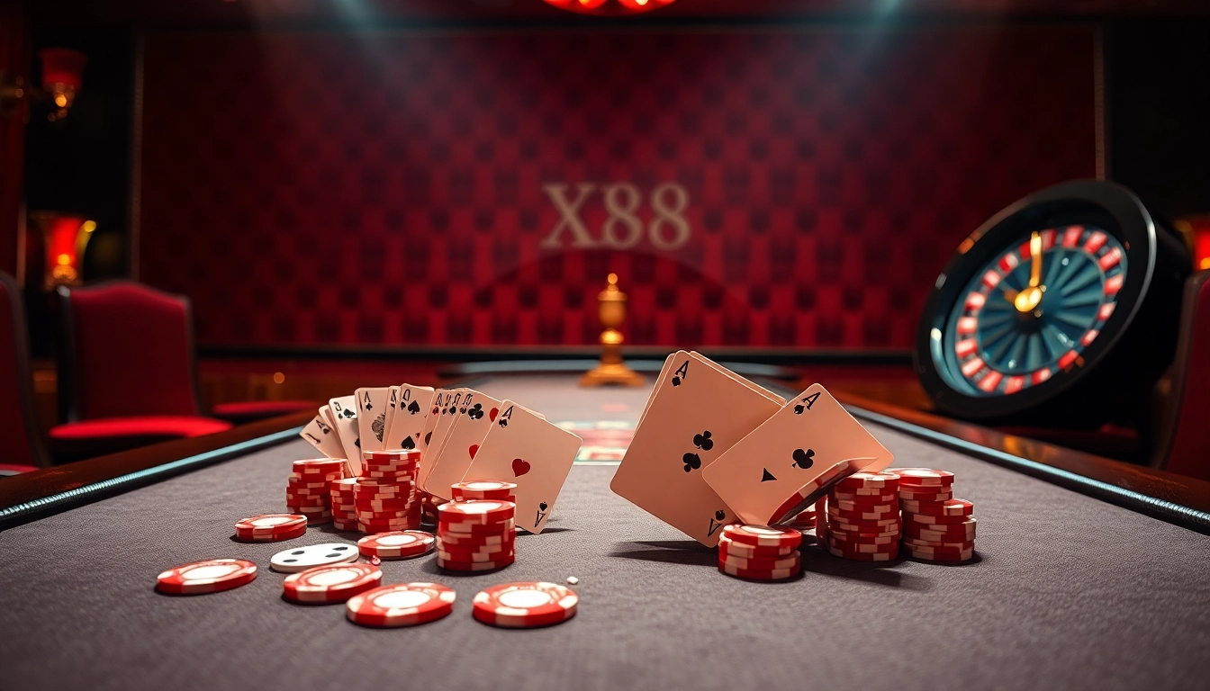 Experience excitement at the xx88 online casino poker table with vibrant chips and luxurious ambiance.