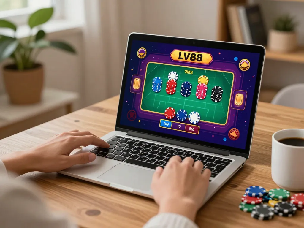 Engaged player strategizing on LV88 live dealer game on laptop in cozy home setting