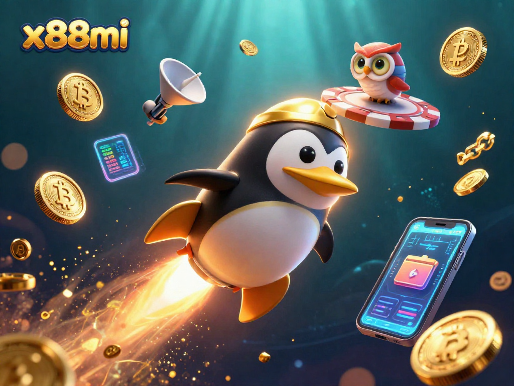 x88mi showcases a rocket-powered penguin soaring toward a casino space station in a vibrant digital realm.