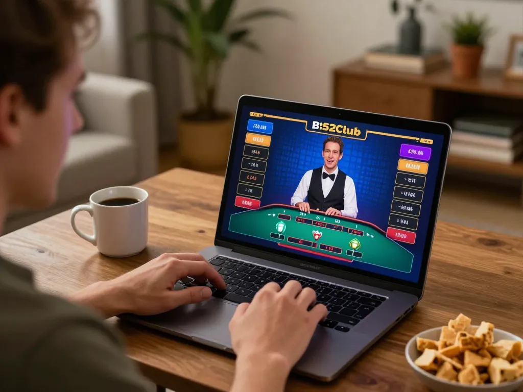 B52Club player enjoying live dealer Blackjack at home with laptop in cozy environment