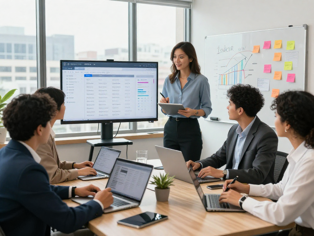 Agents analyzing IDXSTAR data in a vibrant real estate office.