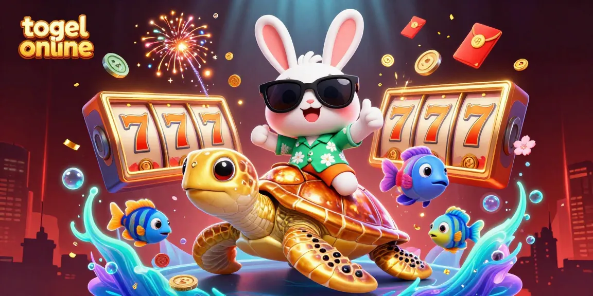 Play togel online with excitement in a colorful 3D casino scene featuring a lucky rabbit and turtle.