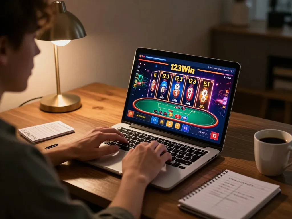 Playing online casino games at home with 123Win đăng ký displayed on the screen, featuring vibrant poker action