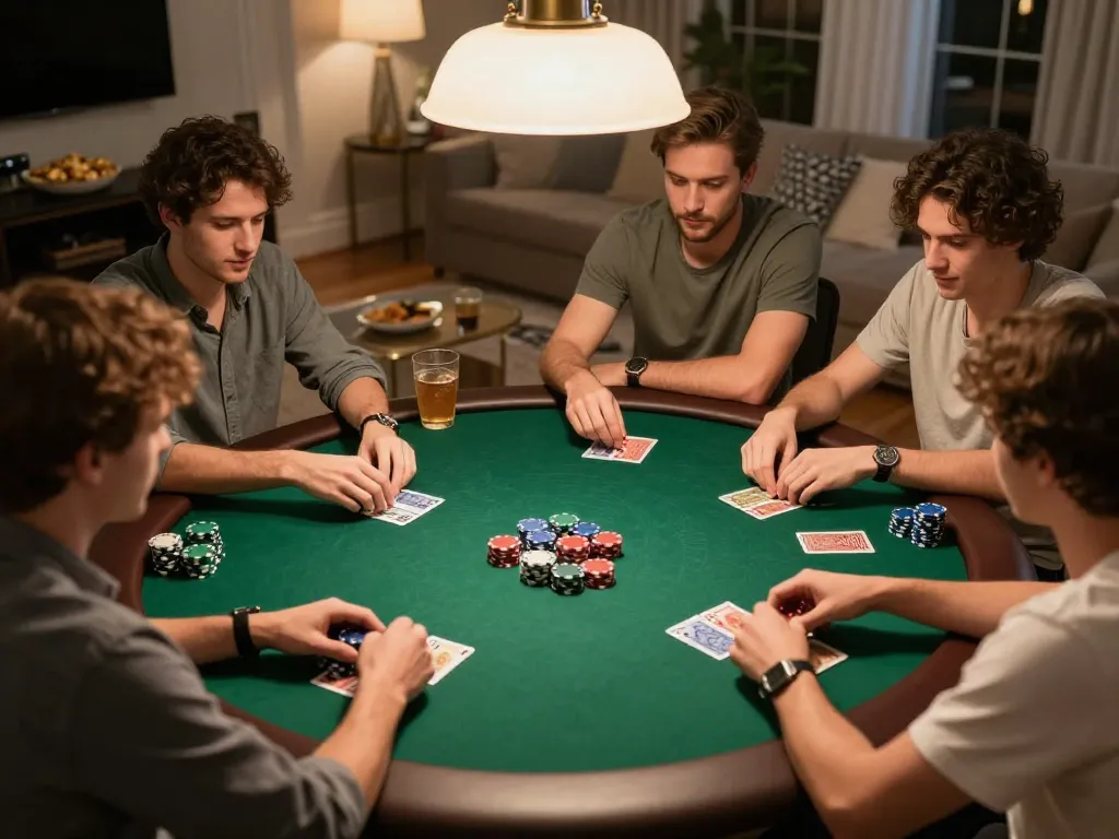 Friends enjoying a lively poker night at home with ample chips and cards, showcasing a social gambling moment with tylebonngda.