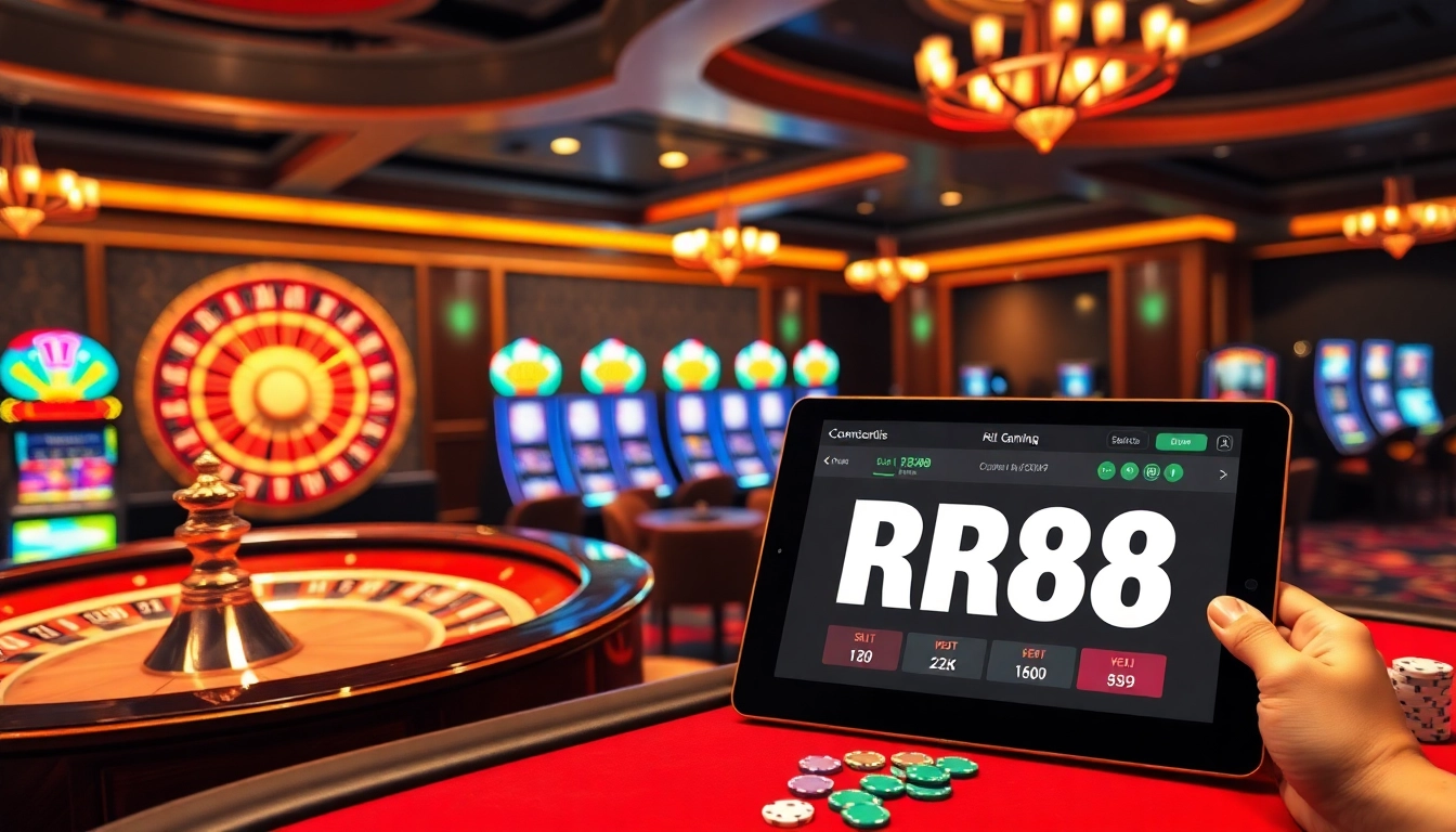 Exciting gameplay at RR88 with vibrant roulette wheels and slot machines illuminated.
