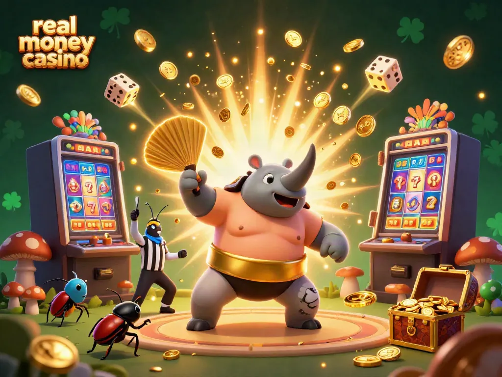 Experience the thrill of a real money casino with a dynamic scene featuring a rhinoceros beetle champion, coins, and slot machines.
