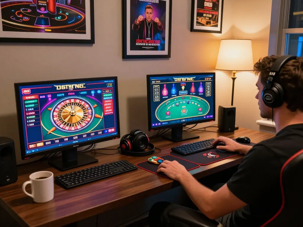 Engaging in online casino gameplay at home with trendy setup on trang chủ 79king