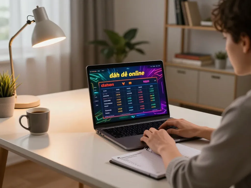 Engaging scene of online gaming strategy for đánh đề online showcasing a well-organized desk with laptop and notes