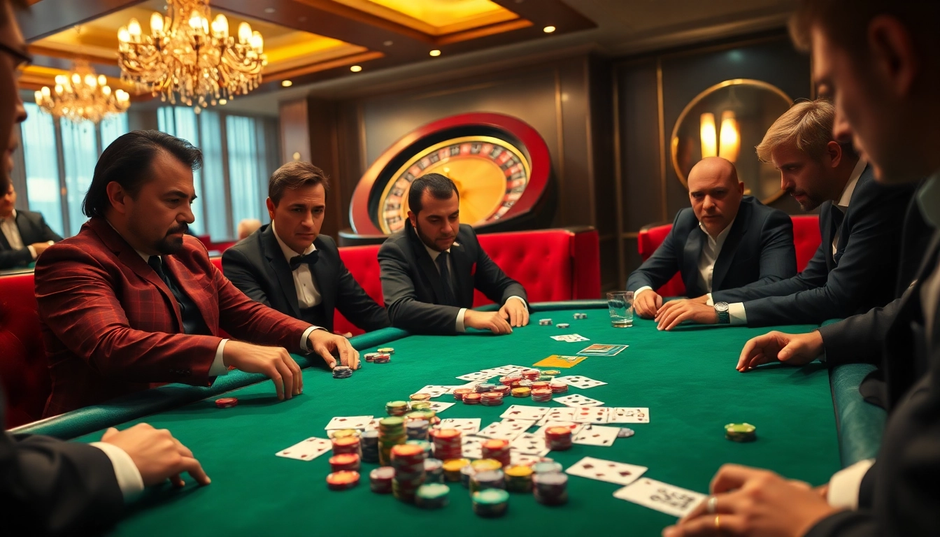 KJC poker players strategize at a luxurious casino table, capturing high-stakes excitement.