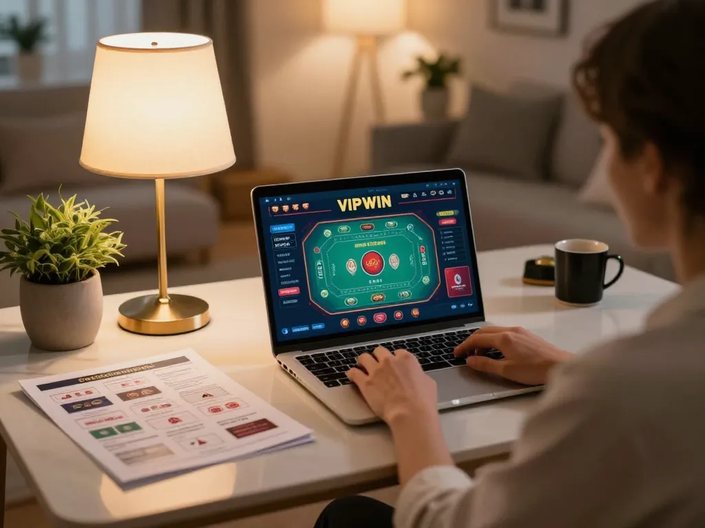 Engaged player navigating VIPWIN's online casino on laptop in a cozy home setting