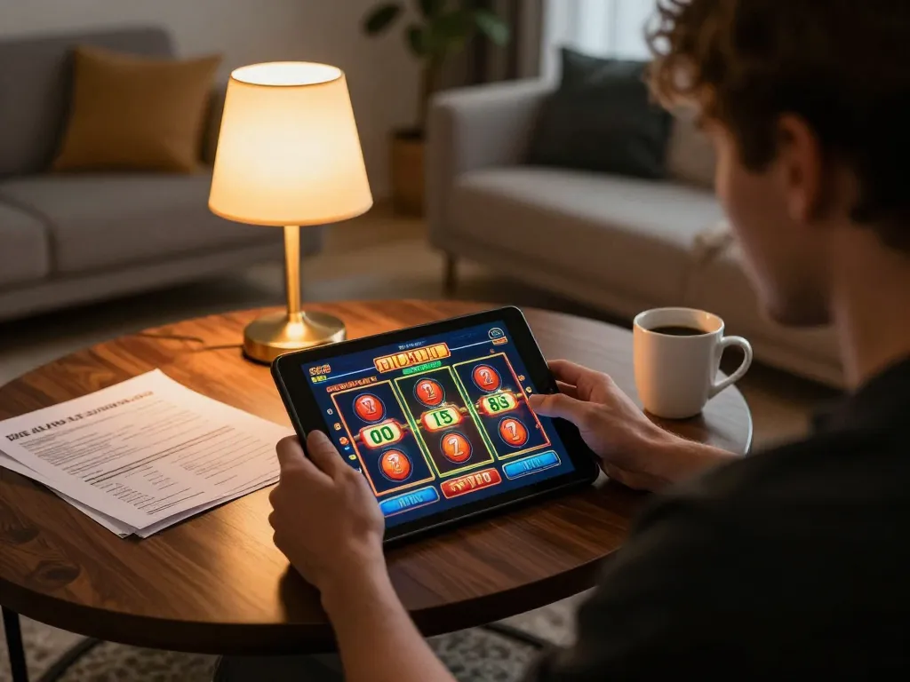 Engaging user plays slots on 888NOW tablet in cozy home setting, showcasing strategic online gaming