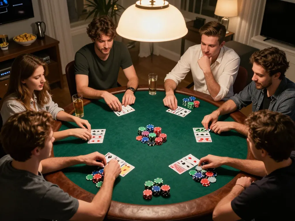 Friends enjoying an engaging poker game illustrating the 8EE E gambling experience with chips and cards visible.