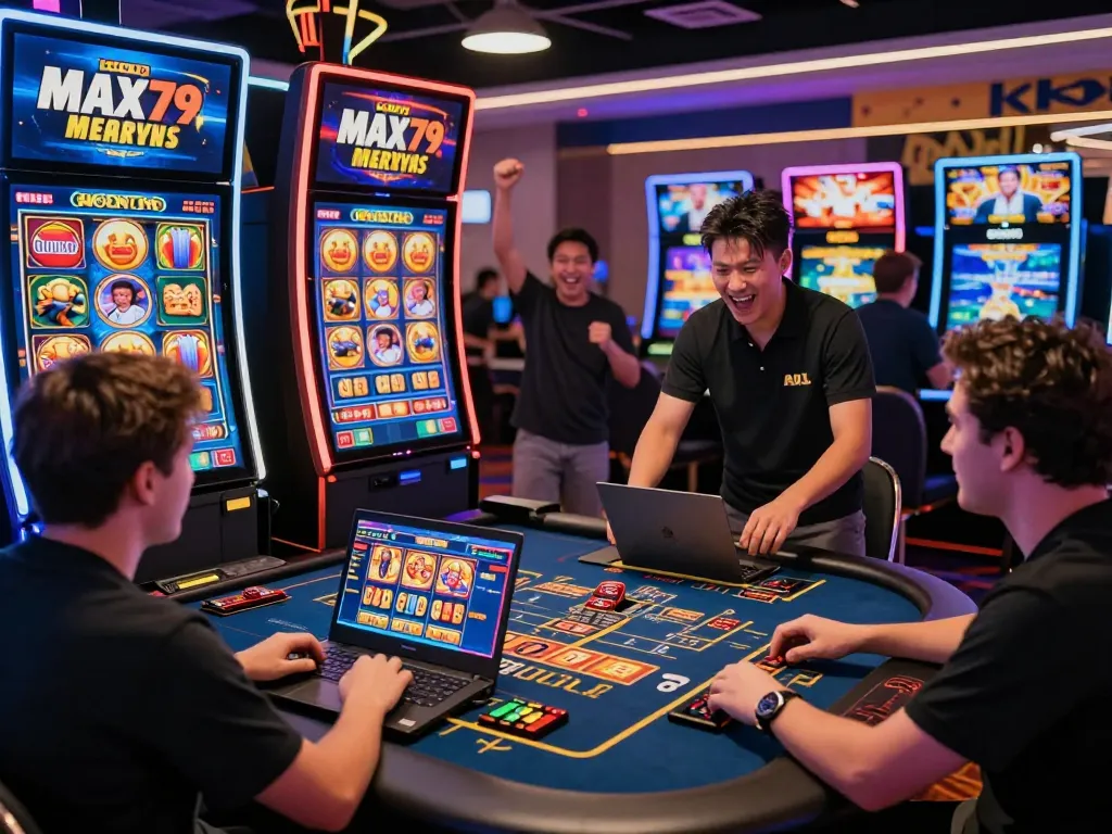 Interactive gambling scene with players engaging in MAX79 online casino, showcasing vibrant games and lively atmosphere.