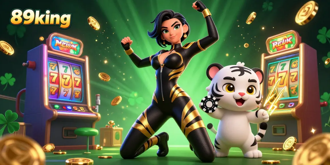 Play with 89king-themed slot machine art featuring a dynamic 3D woman and baby tiger.