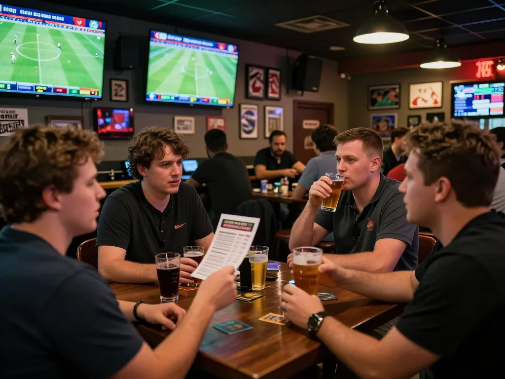 Kết quả bóng đá displayed on large screens in a lively sports betting bar, with patrons actively engaging in betting