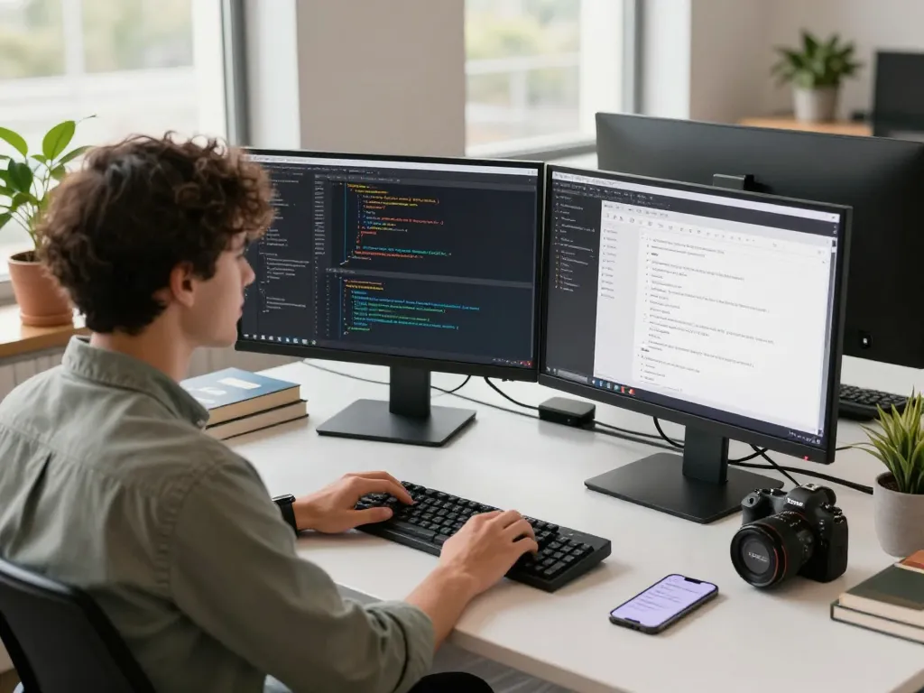 Moltbot AI assistant in a tech workspace with dual monitors, coding, and a smartphone, enhancing productivity.