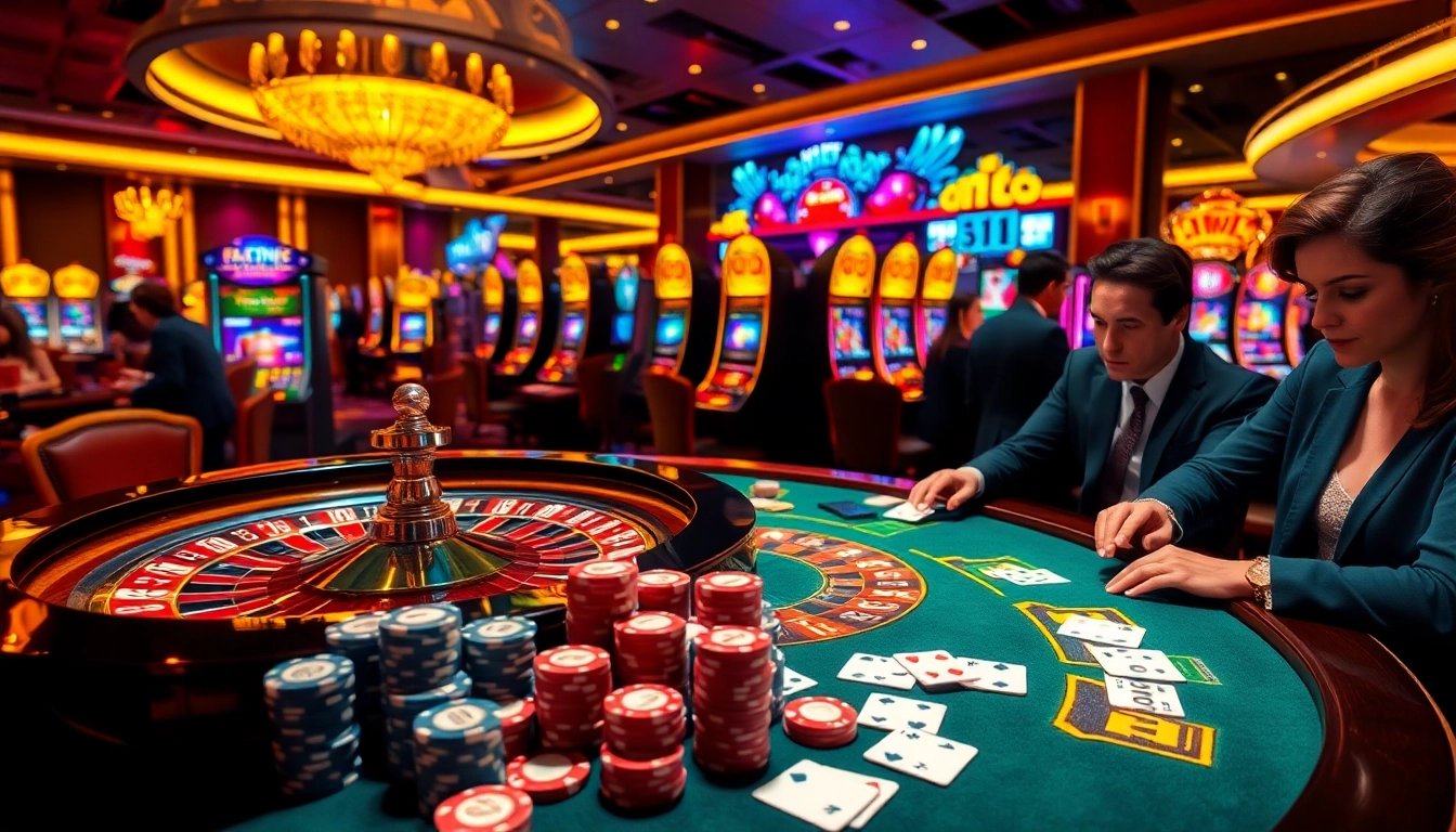 A lively gaming scene at https://888vv.co.com/ featuring poker chips, cards, and a roulette wheel.