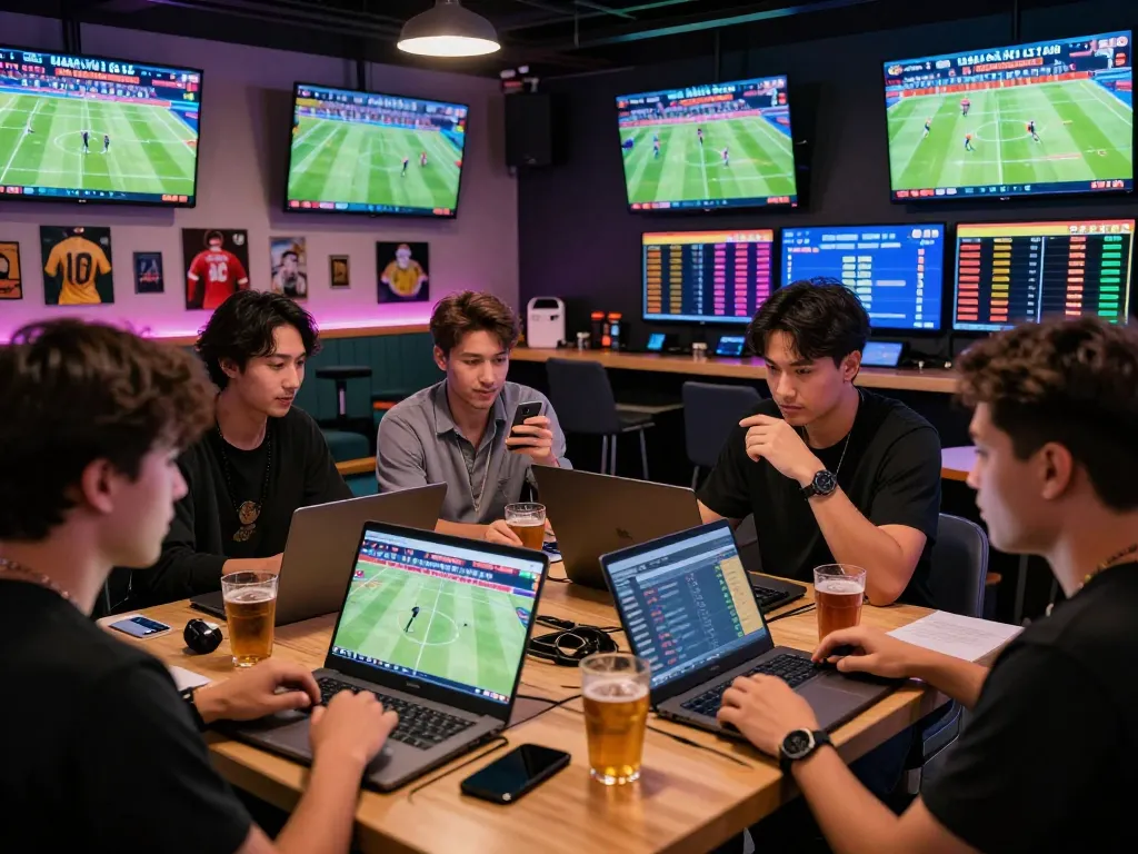 Tỷ lệ kèo trực tuyến displayed prominently in a lively sports betting lounge with engaged bettors analyzing live odds.