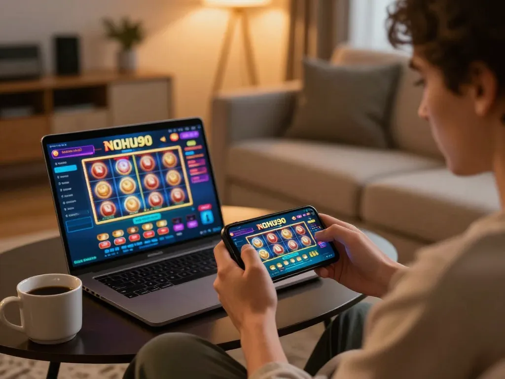 Nohu90 user engaging in online slot gaming on a mobile device, showcasing immersive casino experience