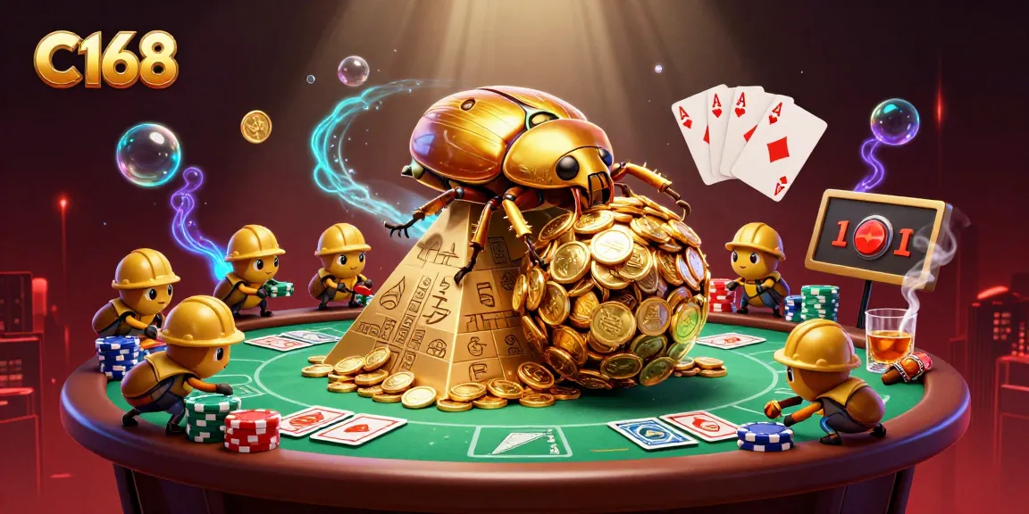C168 showcases a vibrant gaming scene with beetles symbolizing luck, stacked poker chips, and intricate pyramid details.