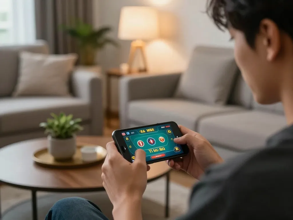 Tài xỉu sunwin gameplay on smartphone in cozy living room setting
