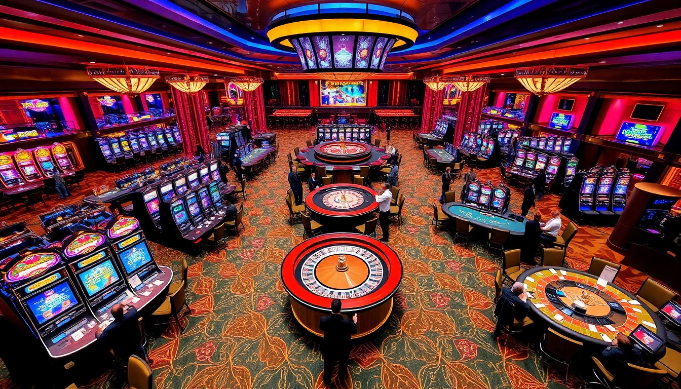 SODO Casino gaming floor with vibrant slot machines, poker tables, and roulette wheels, exuding luxury and excitement.