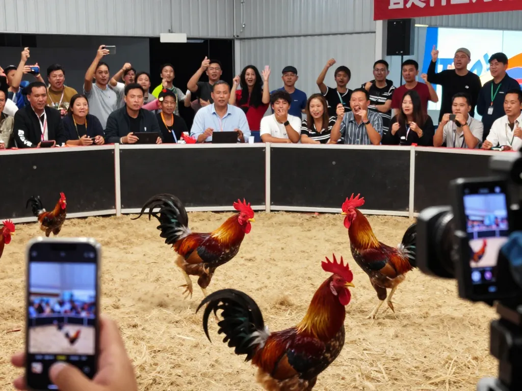 Live action of Đá gà thomo showcasing intense rooster battles in a modern arena, highlighting the thrill of live streaming engagements.