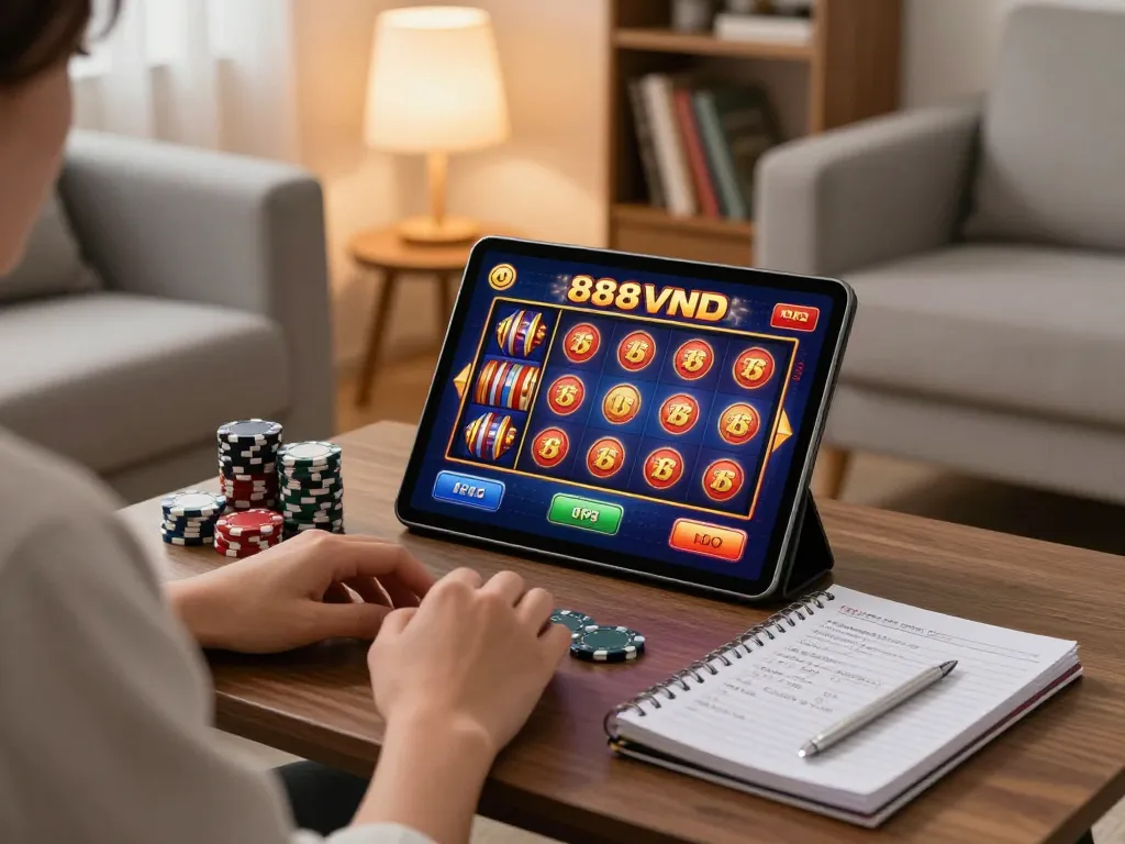 Engaging 888VND slot game interface on a tablet, alongside poker chips and strategy notes.