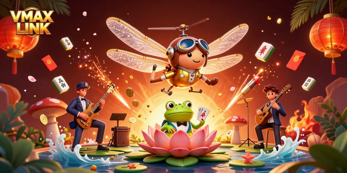 Experience VMAX LINK with a vibrant casino-themed scene featuring a dragonfly pilot and frog croupier.