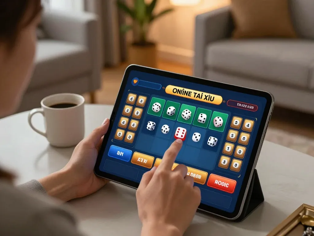 Tài xỉu online player engaged in gaming session, observing betting options on tablet in cozy home.