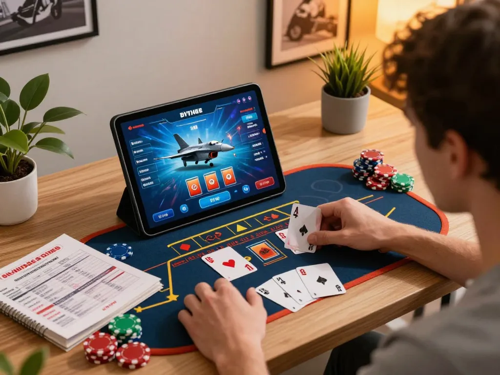 Player enjoying an online gambling session at F168 with tablet gameplay and strategy guide.