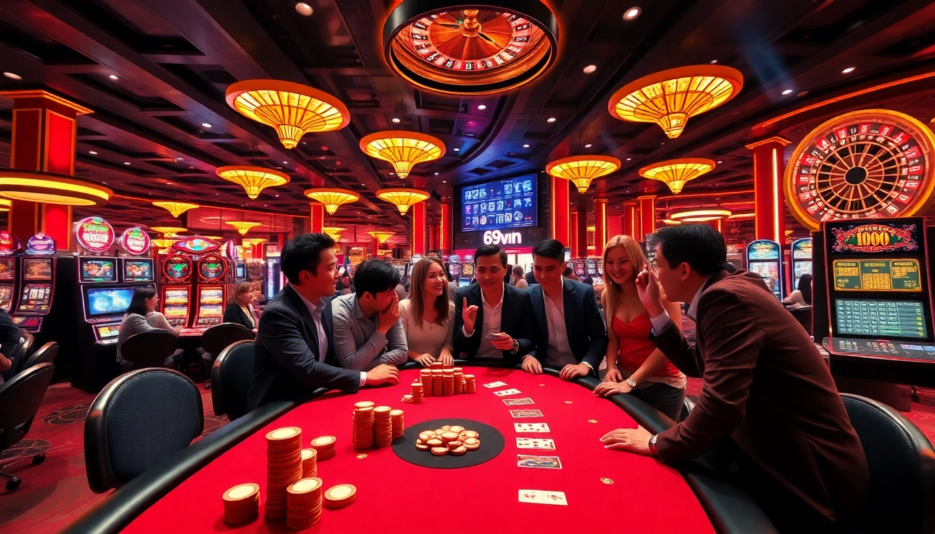 Players enjoying thrilling games at 69vn Casino, showcasing chips, cards, and an exciting atmosphere.