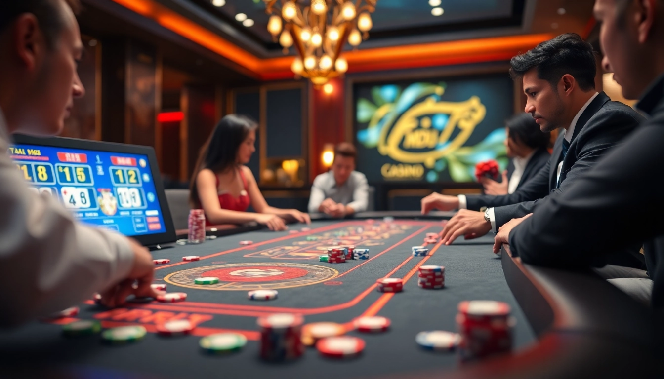 Players engaging in Tài Xỉu MD5 at a vibrant casino table, with chips and dice visible.